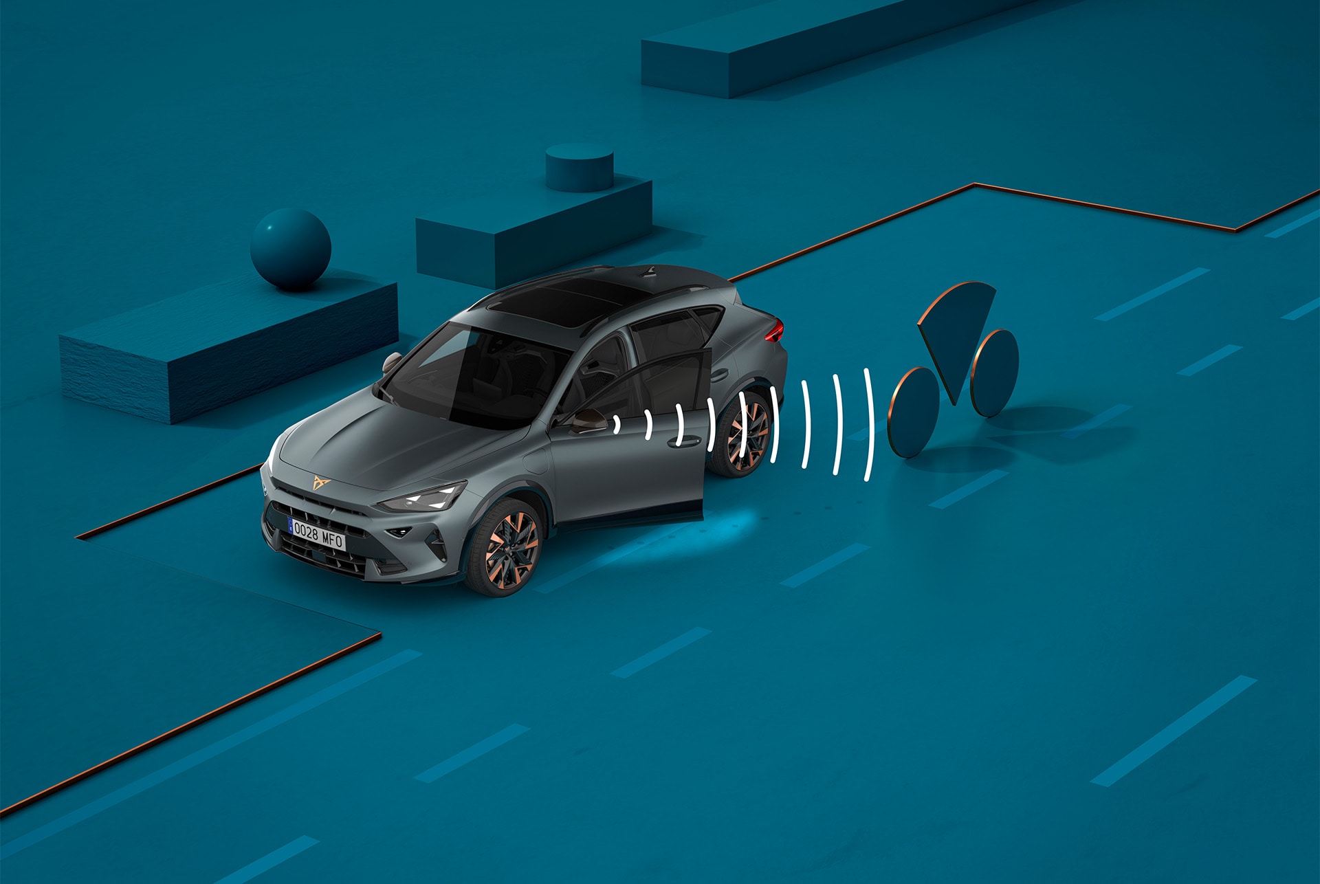CUPRA Formentorin poistumisvaroitusjärjestelmän käyttö, visuaalinen esittely muodoilla ja sinisellä taustalla.