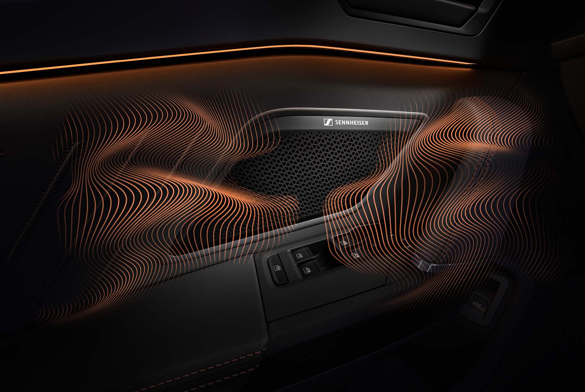 Uuden CUPRA Formentorin sisustus, Sennheiser™-kaiuttimet, ääniaallot ja tunnelmavalaistus.