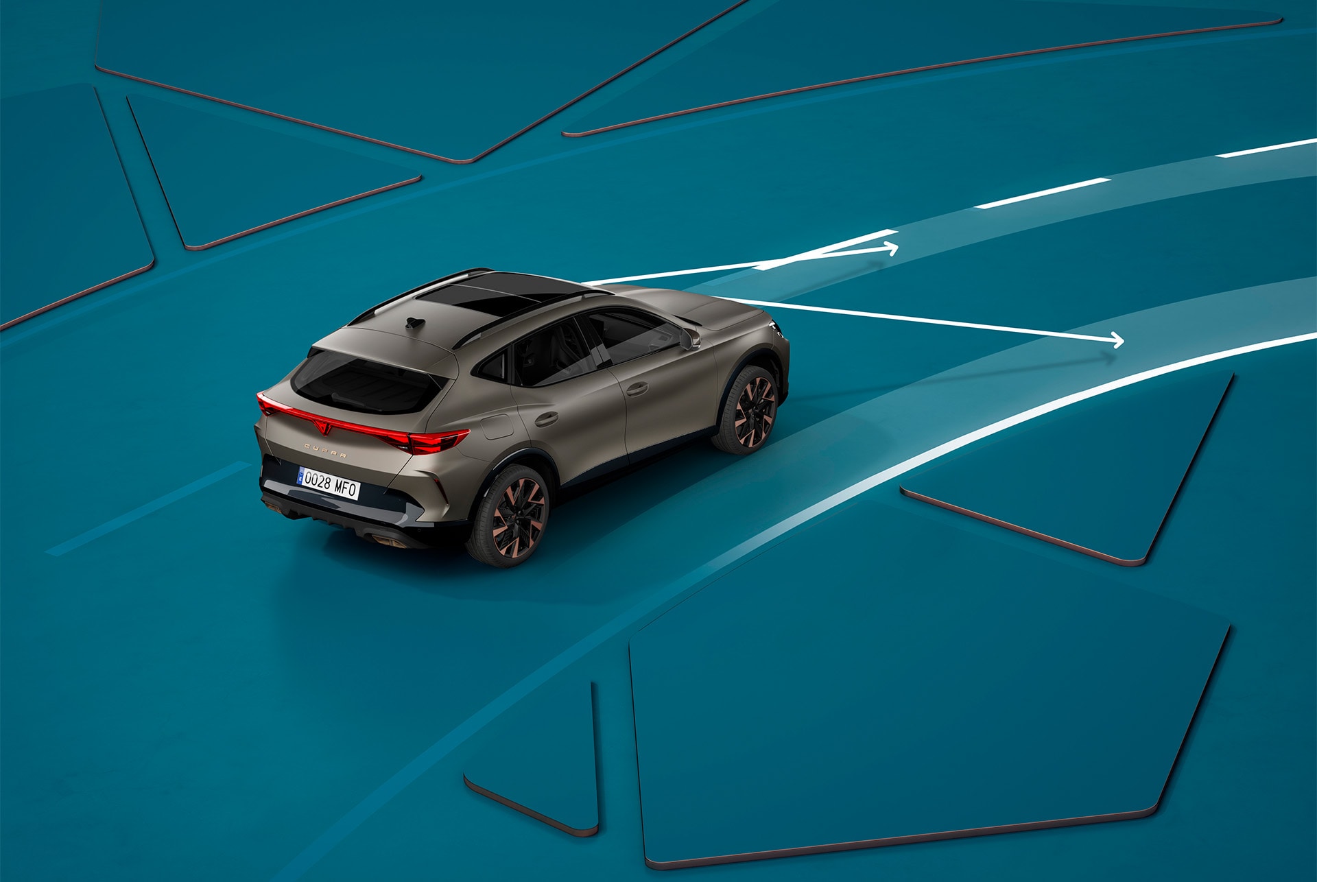 Uuden CUPRA Formentorin kaistanpitoavustimen visuaalinen esittely, sininen tausta.