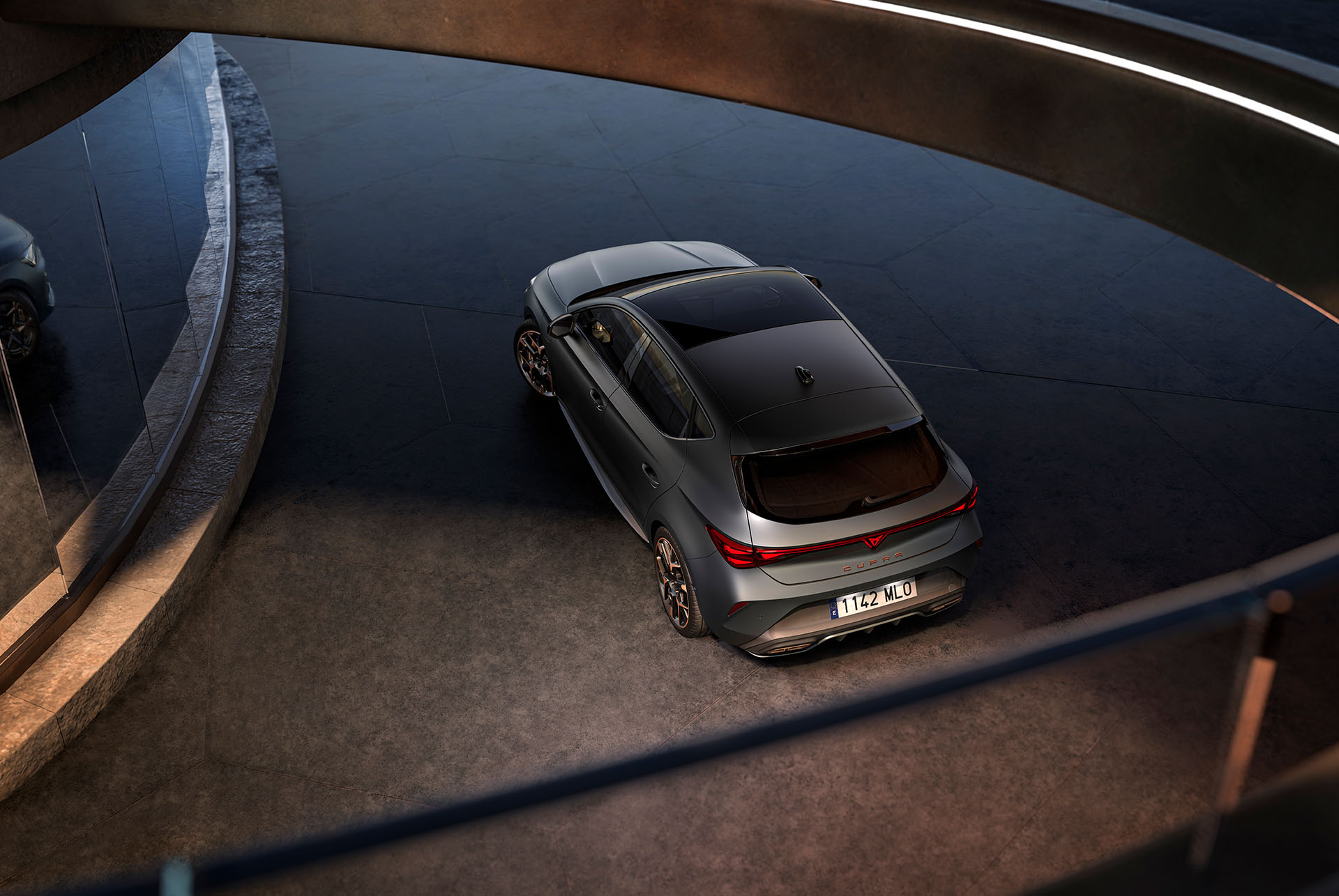 front view of new cupra leon 2024 car in dark atmosphere with ambient lighting.