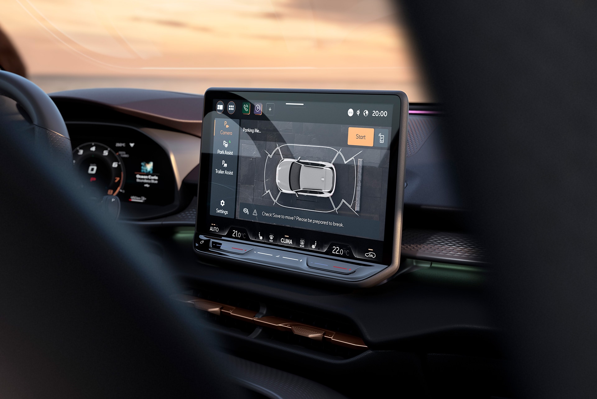 Cupra Terramarin infotainment-järjestelmä, korostettuna ympäristökameran toiminta 12,9 tuuman kosketusnäytössä.